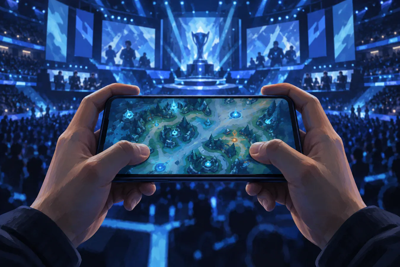 Ilustración conceptual de manos anónimas con un teléfono en una arena de esports, con pantalla abstracta sin interfaz de franquicia.