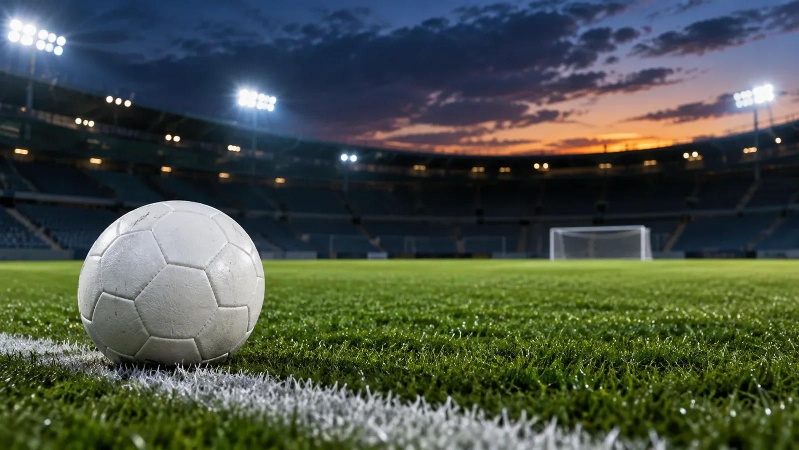 Ilustración generada con IA de un estadio genérico vacío al atardecer y un balón sin marcas; no es fotografía documental del partido.