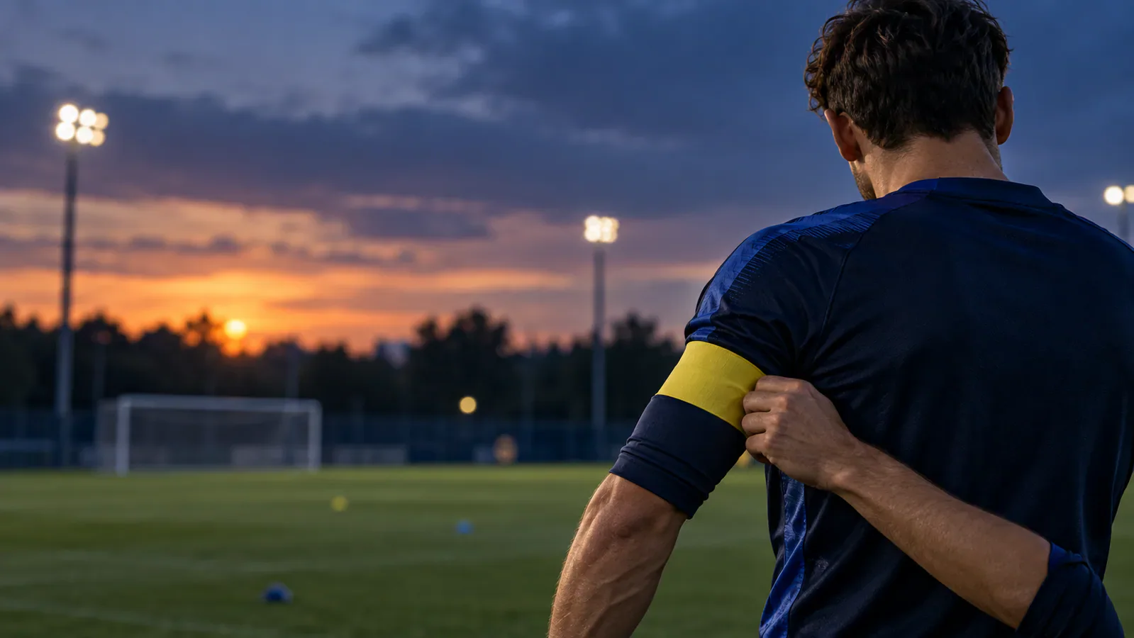 Vista posterior de un futbolista genérico con brazalete amarillo liso en una cancha de entrenamiento al atardecer; no representa a Dávinson Sánchez ni al partido Colombia-México.