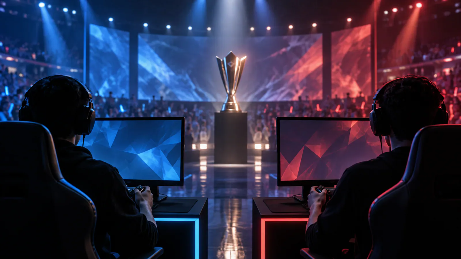 Dos competidores anónimos frente a una copa en un escenario de esports; ilustración conceptual generada con IA, no es una fotografía documental.