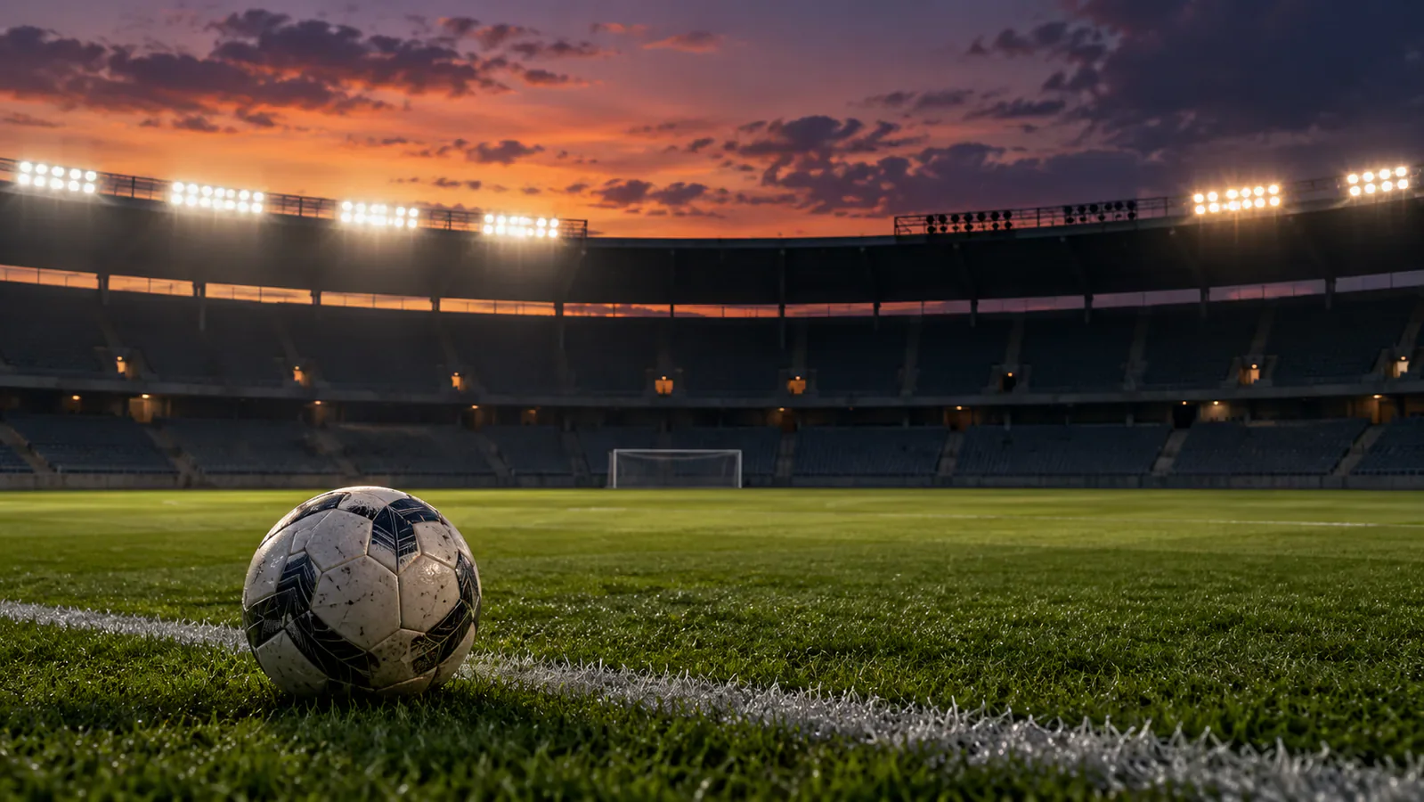 Cancha vacía y balón genérico bajo luces de estadio parcialmente apagadas; no representa al Sierra Nevada ni el partido Unión Magdalena–Real Cartagena.