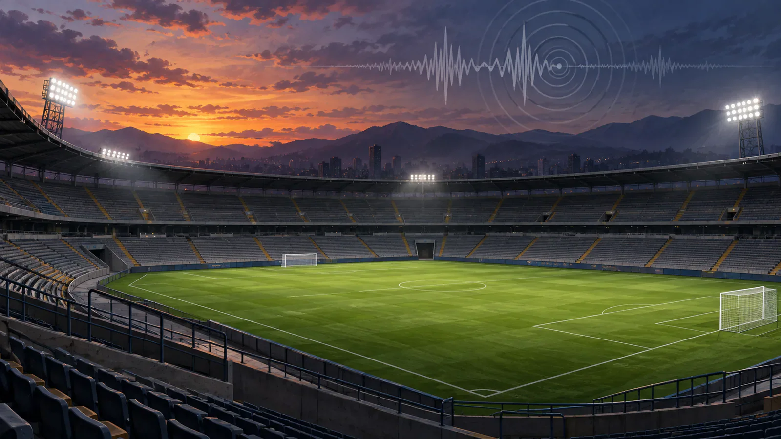Ilustración editorial de un estadio de fútbol genérico sin espectadores al atardecer, con una onda sísmica gráfica en el cielo