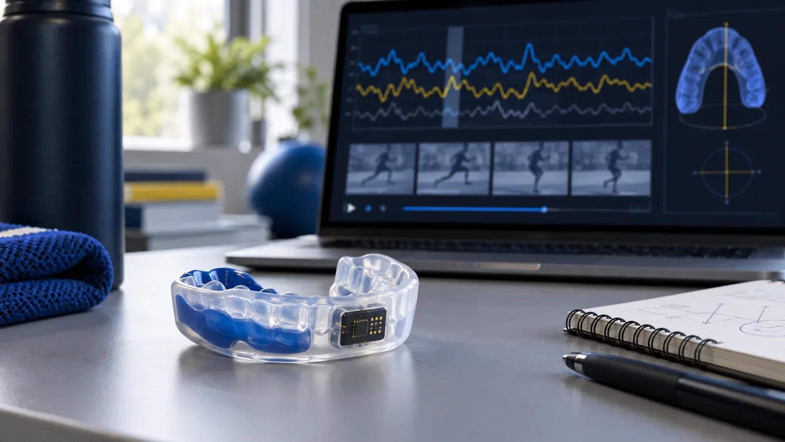 Protector bucal deportivo genérico con un sensor integrado frente a una pantalla de análisis de movimiento, en una escena conceptual de investigación.