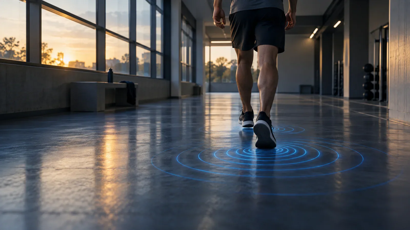 Ilustración generada con IA de una persona caminando en un pasillo deportivo; ondas azules representan vibraciones de pisadas. No muestra un ensayo real.