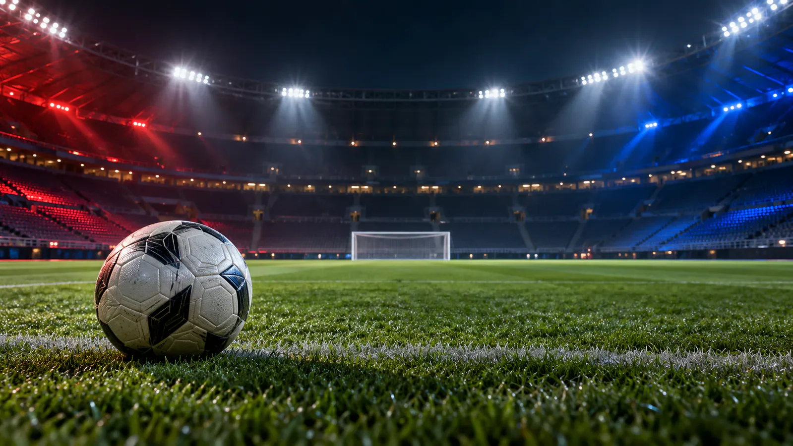 Ilustración de una cancha vacía, balón y arcos sin distintivos bajo luces rojas y azules; no representa a Estados Unidos, Chile ni su partido.
