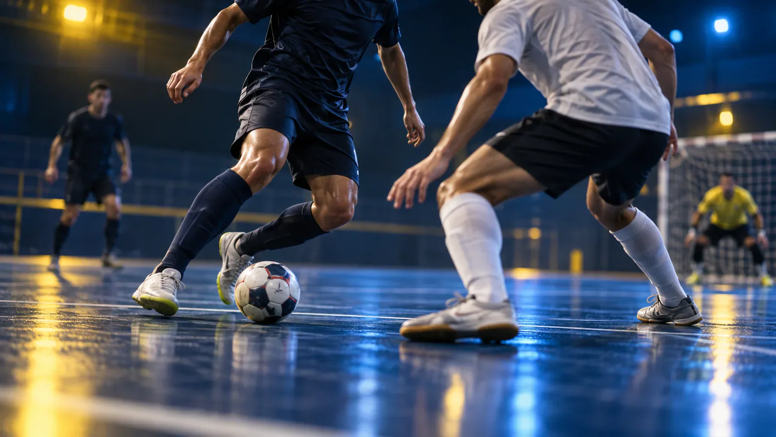 Ilustración generada con IA de dos jugadores anónimos que disputan un balón en una cancha cubierta de fútbol sala.