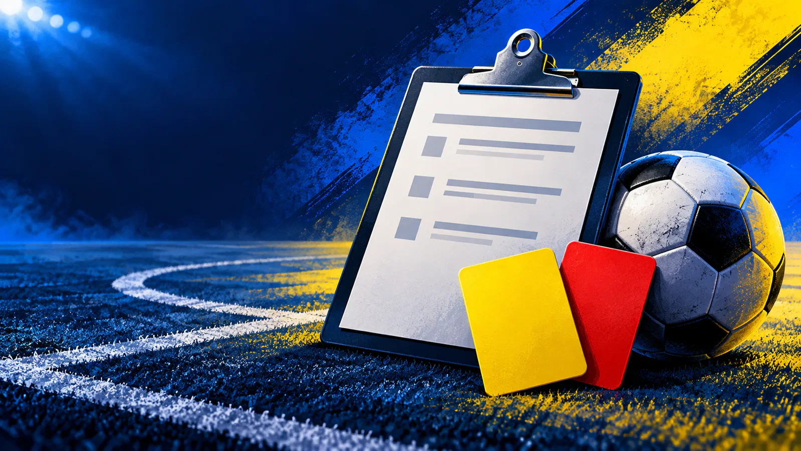 Ilustración de un balón y tarjetas amarilla y roja junto a una planilla vacía sobre una cancha azul; no representa un partido real.