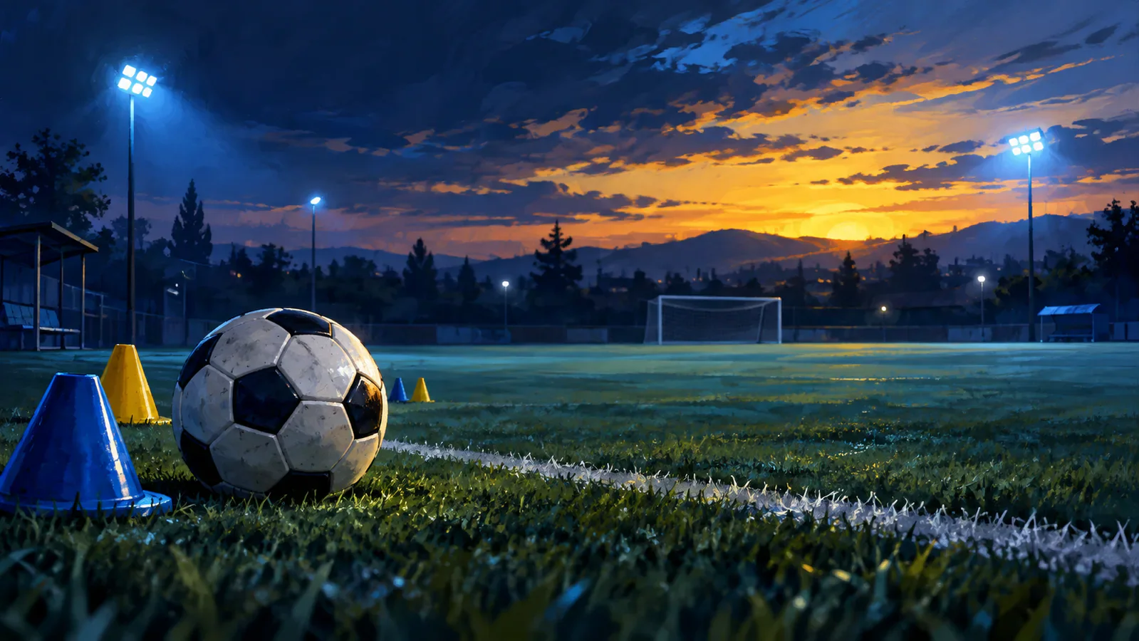 Ilustración generada con IA de un balón y conos sobre una cancha vacía de fútbol al atardecer.