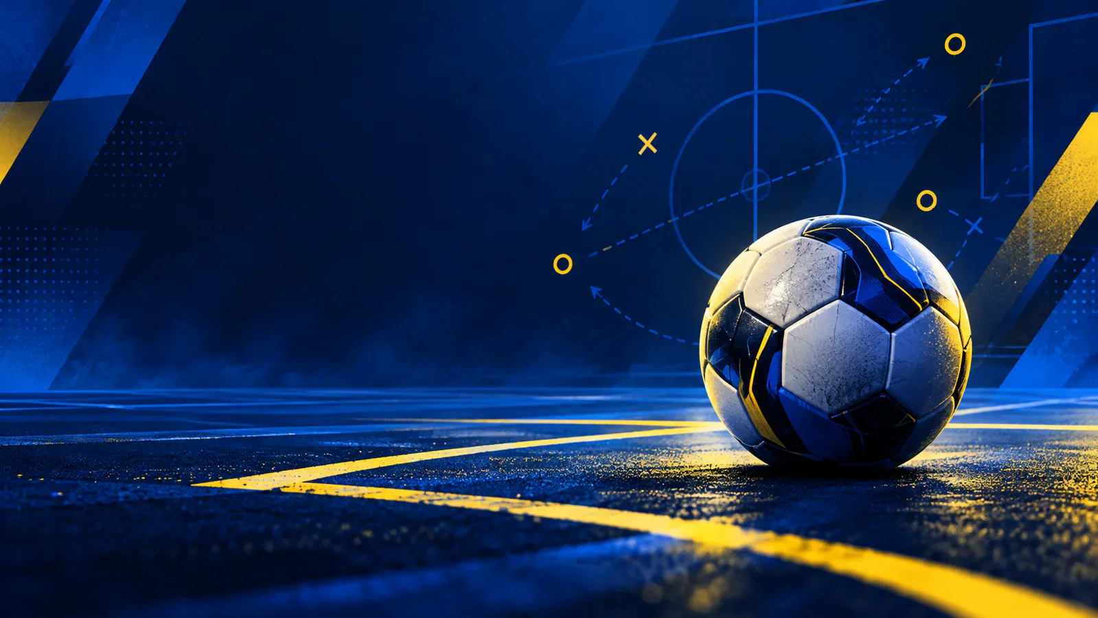 Ilustración editorial de un balón sobre una superficie azul con trazos de cancha y acentos amarillos; no representa un partido real.