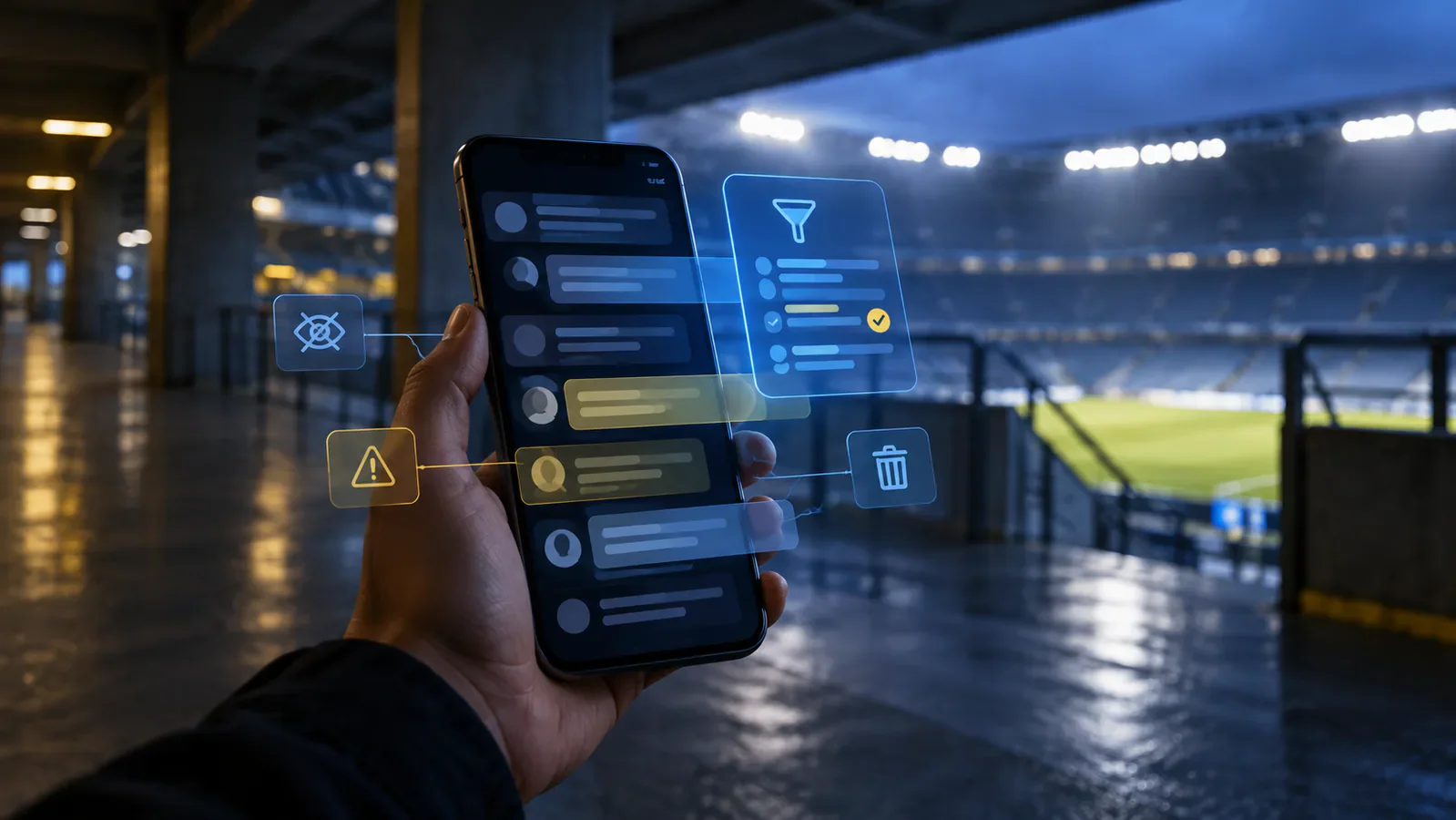 Una mano sostiene un teléfono con bloques abstractos de mensajes y símbolos de moderación, frente a una tribuna de fútbol vacía; ilustración conceptual, no representa un partido ni una plataforma real.