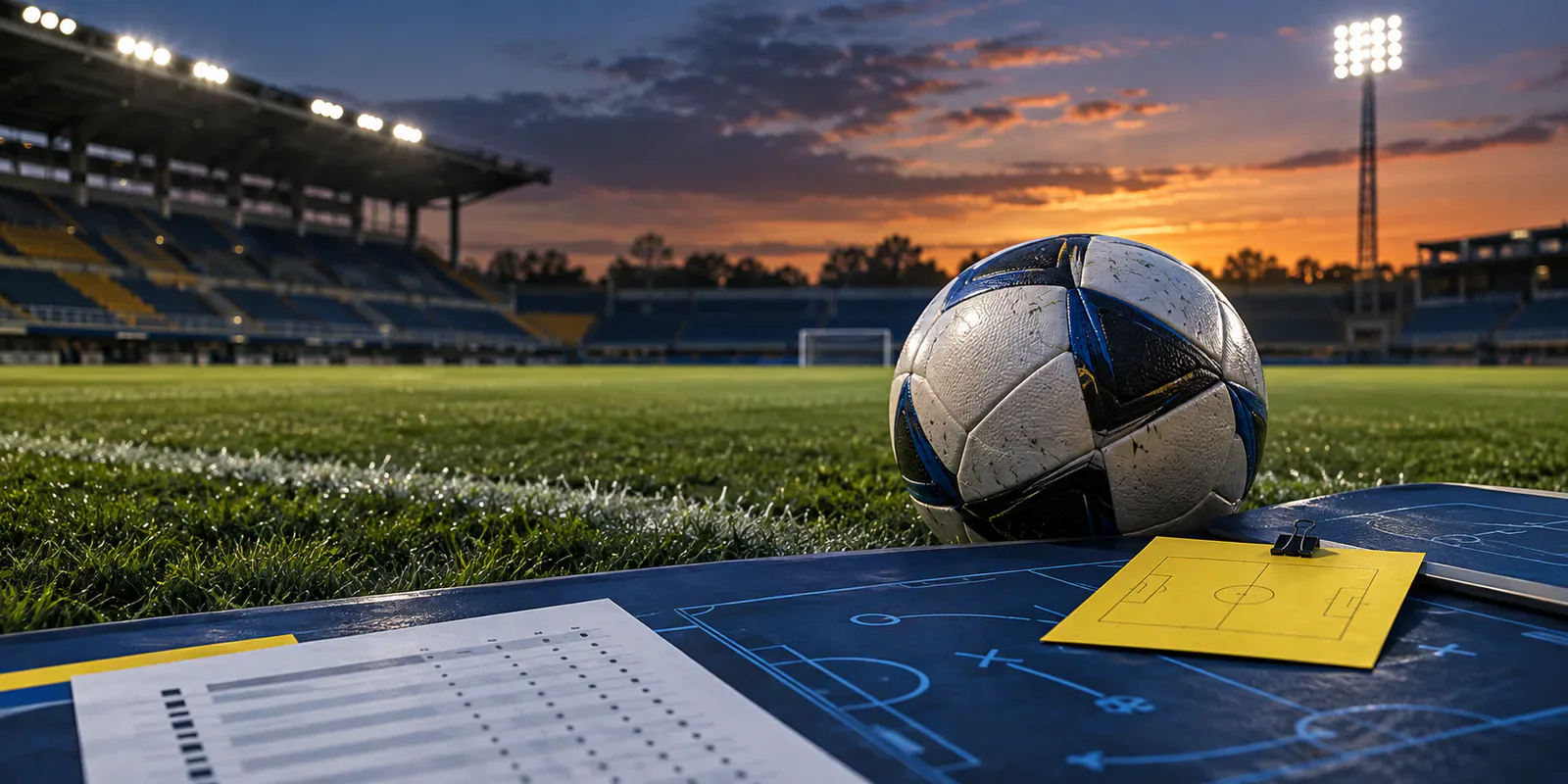 Ilustración de un balón sobre una cancha genérica al atardecer, junto a una pizarra táctica azul y una tarjeta amarilla de calendario; no representa el partido real ni un estadio identificable.